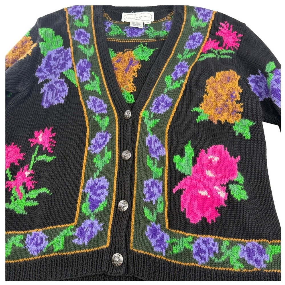 Adrienne‎ Vittadini Floral Knit Cardigan Black Ramie Cotton Art to Wear Size M